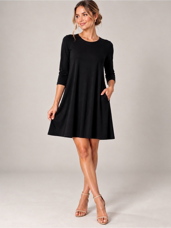 Leota Dresses & Skirts - Leota Black Dress Large Solid Minimalist Stretch Flowy 3/4 Sleeves Pockets Swing